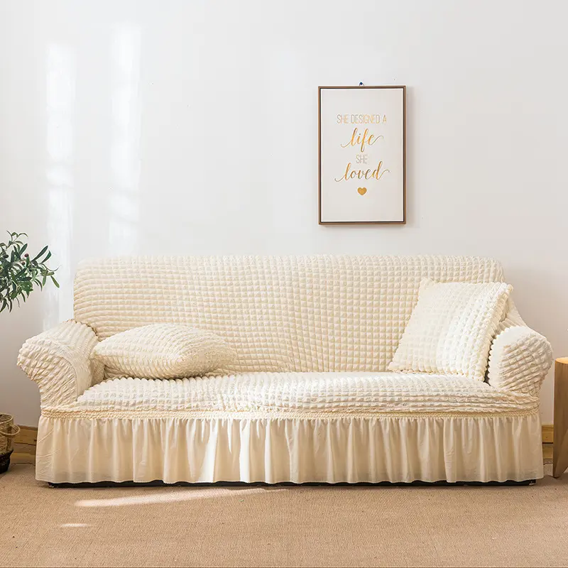 White High Elastic Seersucker Sofa Slipcover, 1-Pc Full Coverage Couch Protector, Machine Washable Sofa Covers Washable, Durable All-Season Textile for Summer Use, Modern, All Seasons