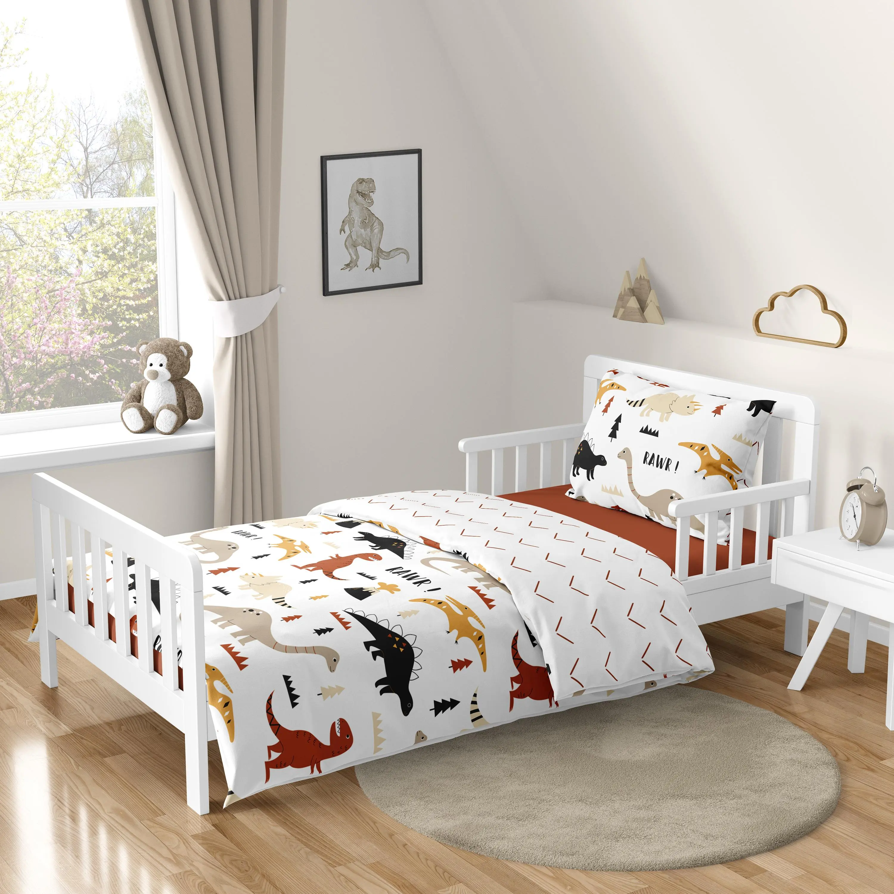 Sweet Jojo Designs Mod Dino Boy Girl Toddler Bedding Set - 5pc Comforter Sham Sheets - Orange Tan Rust Taupe Mustard Yellow Beige Brown Black Modern Dinosaur Boho Dinosaurs Arrow Chevron Herringbone