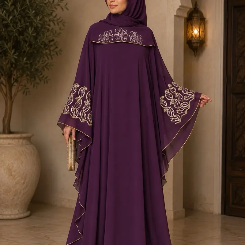 Women's #28 Dubai Luxury 1-Piece Butterfly Abaya, Elegant Islamic Clothing, Long Sleeve Crew Neck Bell Sleeve Loose Modern Modest Hijabi Fashion