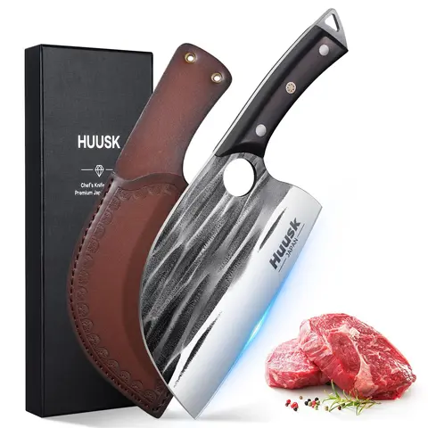 Huusk Upgraded Hand-Forged Serbian Chef Knife - Full Tang Wooden Handle, Steel Hammered Non-Stick Blade, Finger Hole for Firm Control, Heavy-Duty Meatcleaver with Sheath for Grilling & Cooking