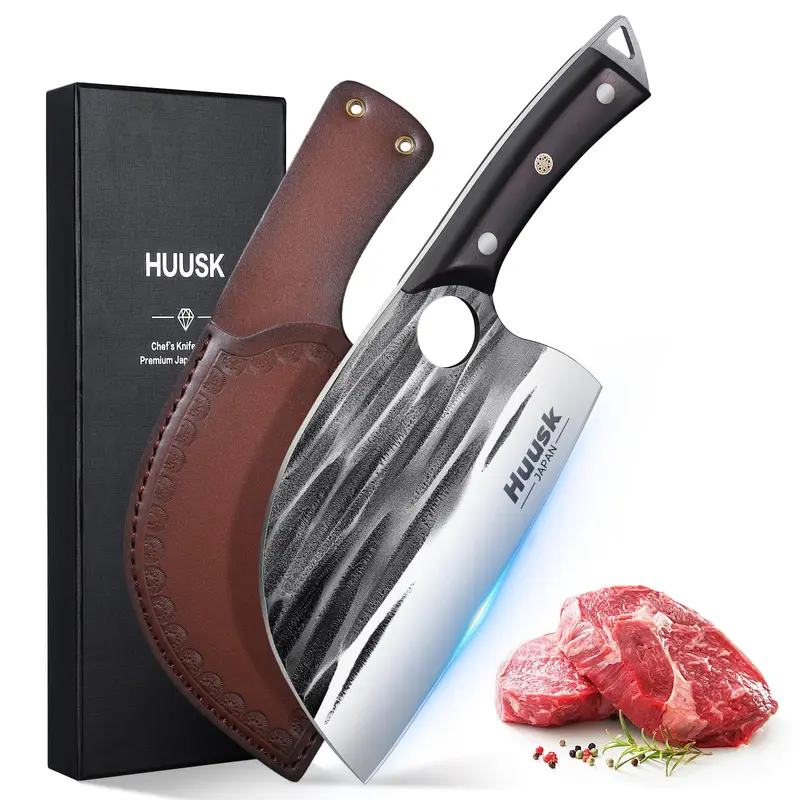 Huusk Upgraded Hand-Forged Serbian Chef Knife - Full Tang Wooden Handle, Steel Hammered Non-Stick Blade, Finger Hole for Firm Control, Heavy-Duty Meatcleaver with Sheath for Grilling & Cooking