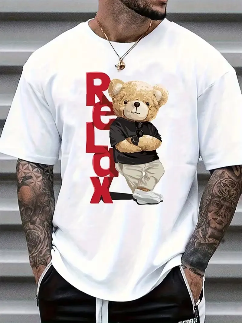 Men's Bear Print Short Sleeve T-Shirt - Summer Casual Round Neck Tee with Bear & Beech Tree Ink Drawing, Comfortable Regular Fit, Machine Washable Opaque Shirt for Outdoor & Casual Attire - In Stock ()