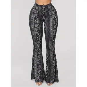 New2025 New Fashion Paisley Print High Waist Bell Bottoms - Women's Flare Pants - 100% Polyester Knitted Fabric, All Season,  Comfort Fit Leg Womenswear