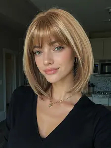 Short Wig, 12 Inch with Bangs, Straight Bob Style, Heat Resistant Full Wig, Rose Network Breathable for Natural Look