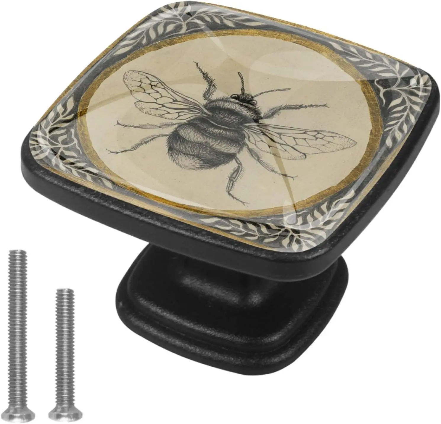 4-Count High-Quality Square Glass Bee Drawer Knobs with Steel Screws, Easy-Installation Furniture Pulls for Dresser, Cabinet (1.18x0.82x0.78 in)