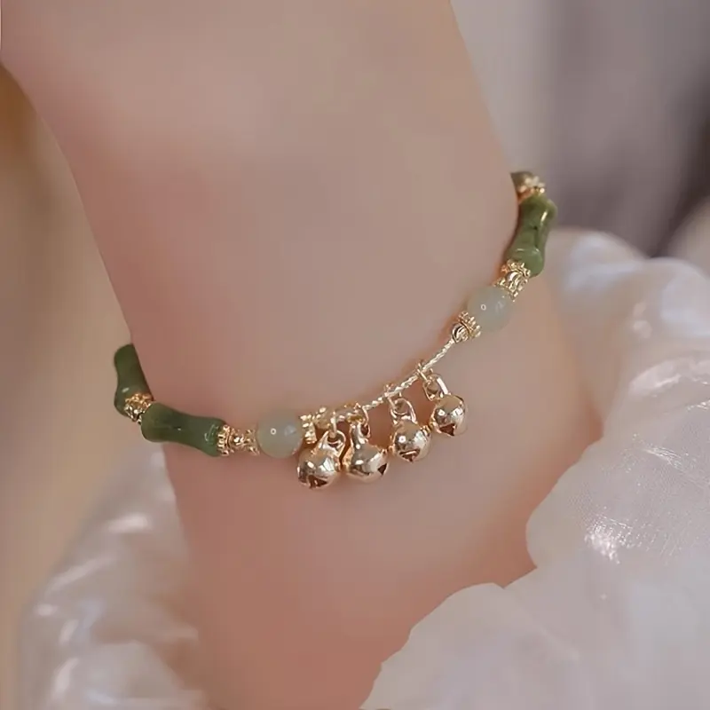 Women's High Quality Green Artificial Jade Bracelet - Vintage Bamboo Knot Design, Glass & Alloy Metal Fashion Jewelry Gift, High Quality Bracelet, Female, Vintage Style, Valentine's Day Gift