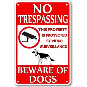 Beware of Dog Sign - No Trespassing Warning for Fence, Guard Dog on Duty Yard Tin - Property Protected by Video Surveillance - 812 Inch