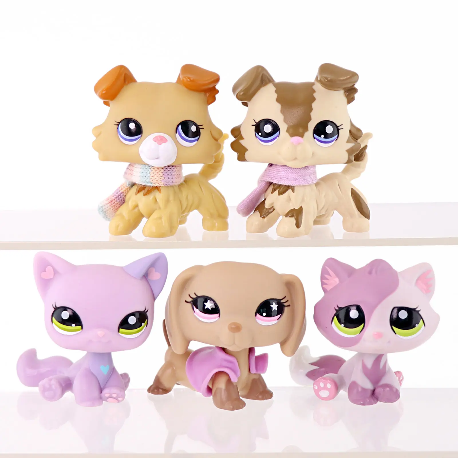 5 Pcs Mini Pet Figurines Set, Cute Cartoon Cat & Puppy Toy Figures with Knitted Scarf & Outfit Accessories, Assorted Small Animal Statues, Kids Pretend Play Toy, Cake Topper & Desktop Decor