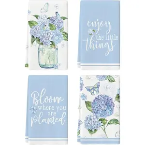 Blue Hydrangea Motto Spring Kitchen  Dish , 18x26 Inch Farmhouse Decoration Hand Towels Set of 4