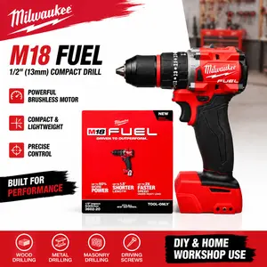 Milwaukee M18 FUEL Brushless Compact 1/2" 13mm Cordless Drill, Lightweight Electric Drill for DIY & Home Workshop Use, Bare Tool / Full Kit Optional