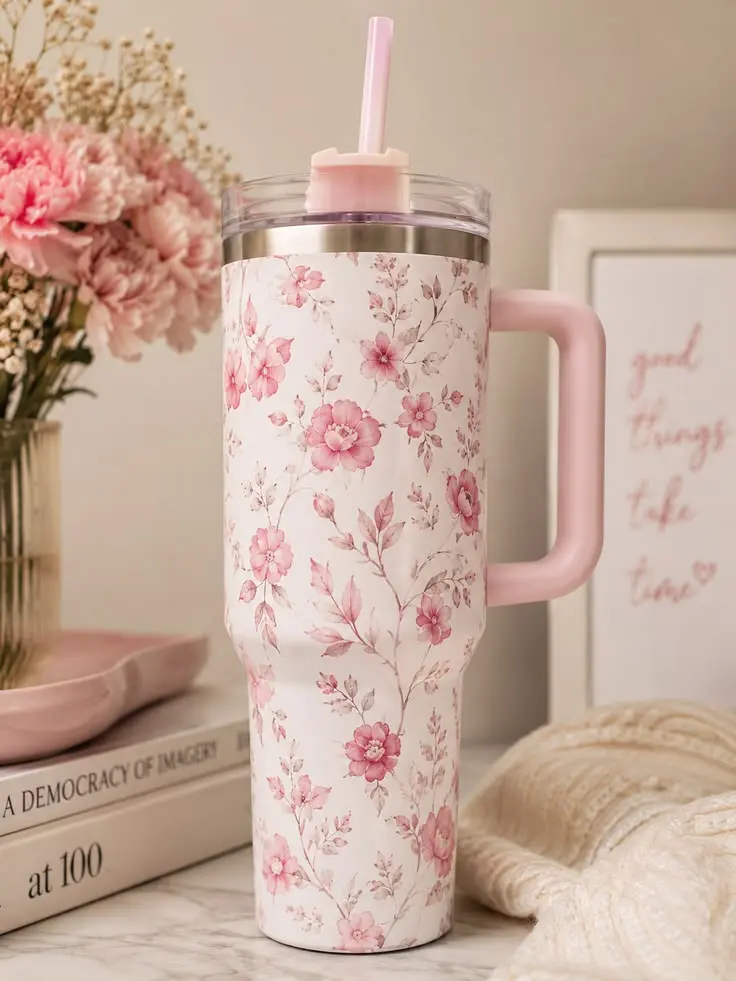 Pink Floral Tumbler with Handle and Straw – Watercolor Flower Travel Cup for Work, Home and Daily Use