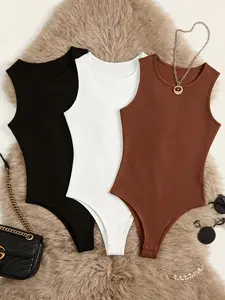 Summer Basic Round Neck Sleeveless Bodysuit, Slim Fit Sexy Style Underwear Top, Three Pieces Set, Plain Surface, Casual Bodycon Clothing