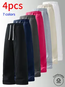 4-pack men’s long pants: casual loose straight-leg men’s pants, men’s athletic pants, men’s sweatpants; drawstring waist design; suitable for daily commuting and holiday travel; minimalist solid colors that are easy to match; unisex—suitable for both men