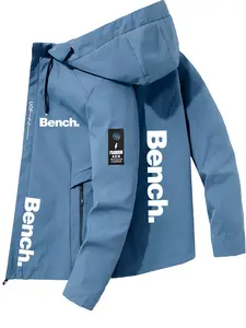 Men's and Women's Fashion Jacket with Bench Letter Print, Zipper Pockets, Casual Hooded Design, Spring & Fall Polyester Coat