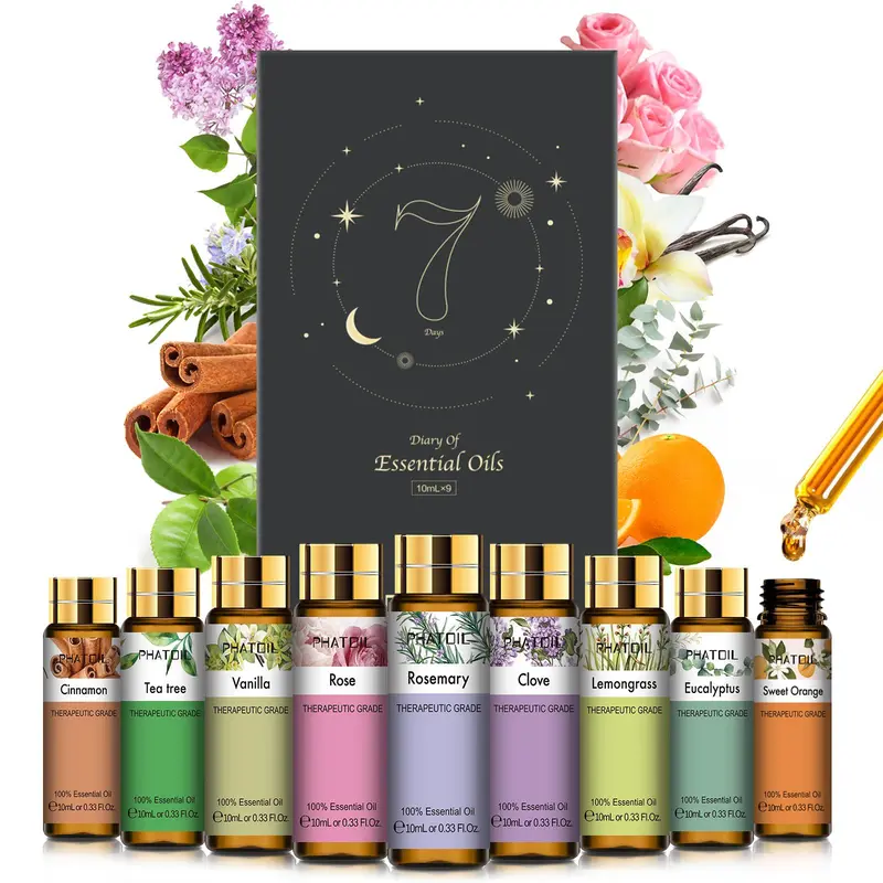 Scented Essential Oil Set, 9 Counts 10ml/0.33fl.oz Essential Oils Set for Diffusers Humidifier Home Aromatherapy Massage Bath Soap Making, Wellness Summer Essentials
