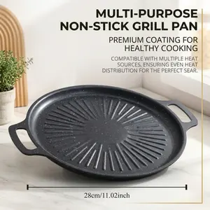 28cm Non-Stick Granite Coated Round Grill Pan with Dual Handles, Ridged Surface BBQ Griddle Plate for Korean BBQ, Teppanyaki & Indoor/Outdoor Cooking
