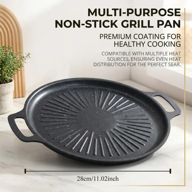 28cm Non-Stick Granite Coated Round Grill Pan with Dual Handles, Ridged Surface BBQ Griddle Plate for Korean BBQ, Teppanyaki & Indoor/Outdoor Cooking, Nonstick Kitchenware