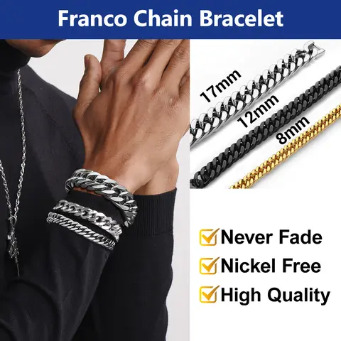 PROSTEEL Franco Chain Link Bracelet Stainless Steel Cuban Chain Bracelet Trendy Chunky 8mm/12mm/17mm Width Bracelets Unisex For Men Women Gift Box Summervibe