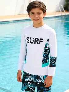 Boys' Long-Sleeve Shorts Two-Piece Swim Set, Summer Swimwear, Swimwear Sets, Swimsuit, main body with classic black base and blue-gray color-blocked print, front printed with lettering, trendy sporty look, ideal for swimming, surfing