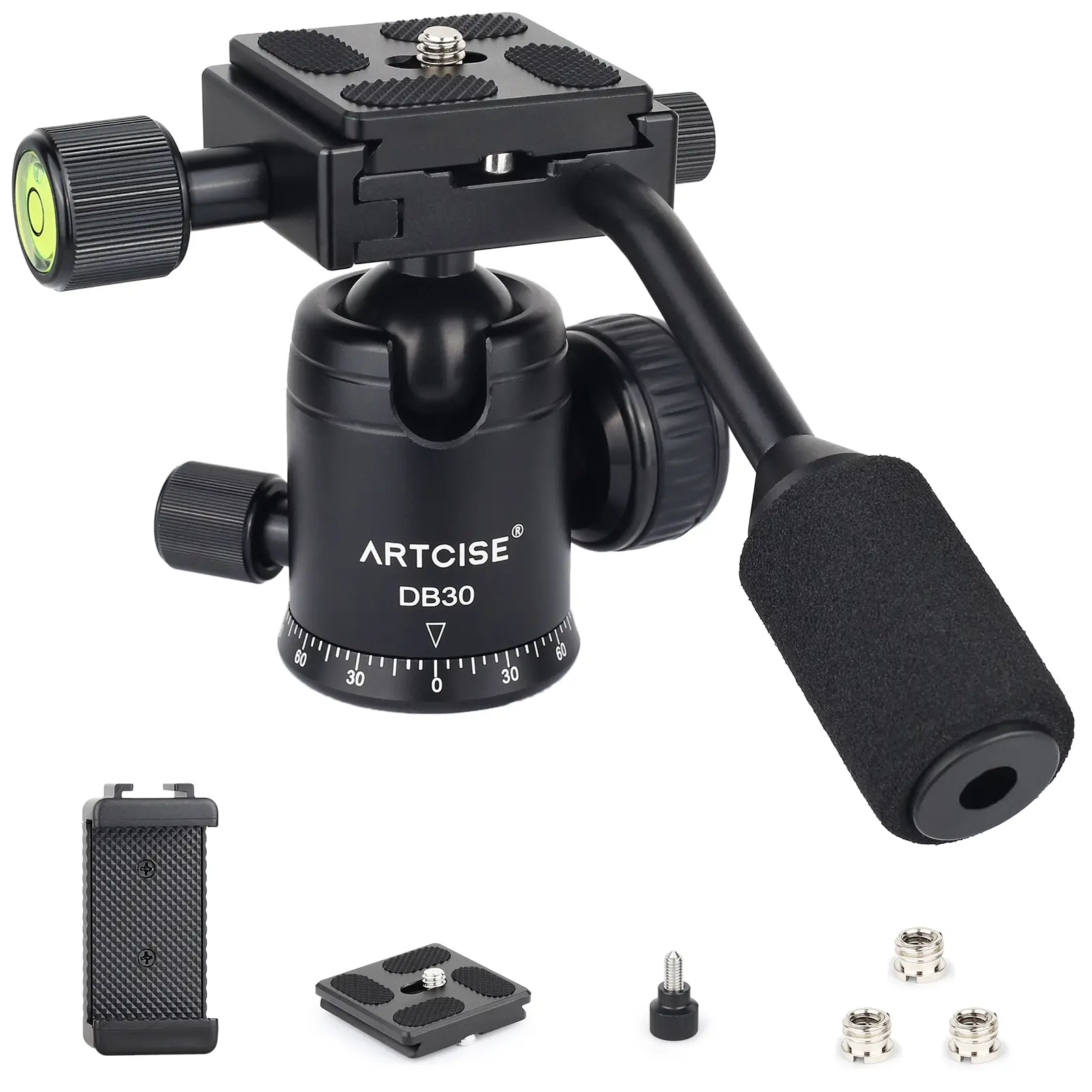 ARTCISE DB30 CNC Ball Head with Handle All Metal Tripod Ball Heads Camera Mount (Max Load 17.6lbs/8kg) with 1/4" Quick Shoe Plate for Tripod, DSLR, Camcorder, Telescope