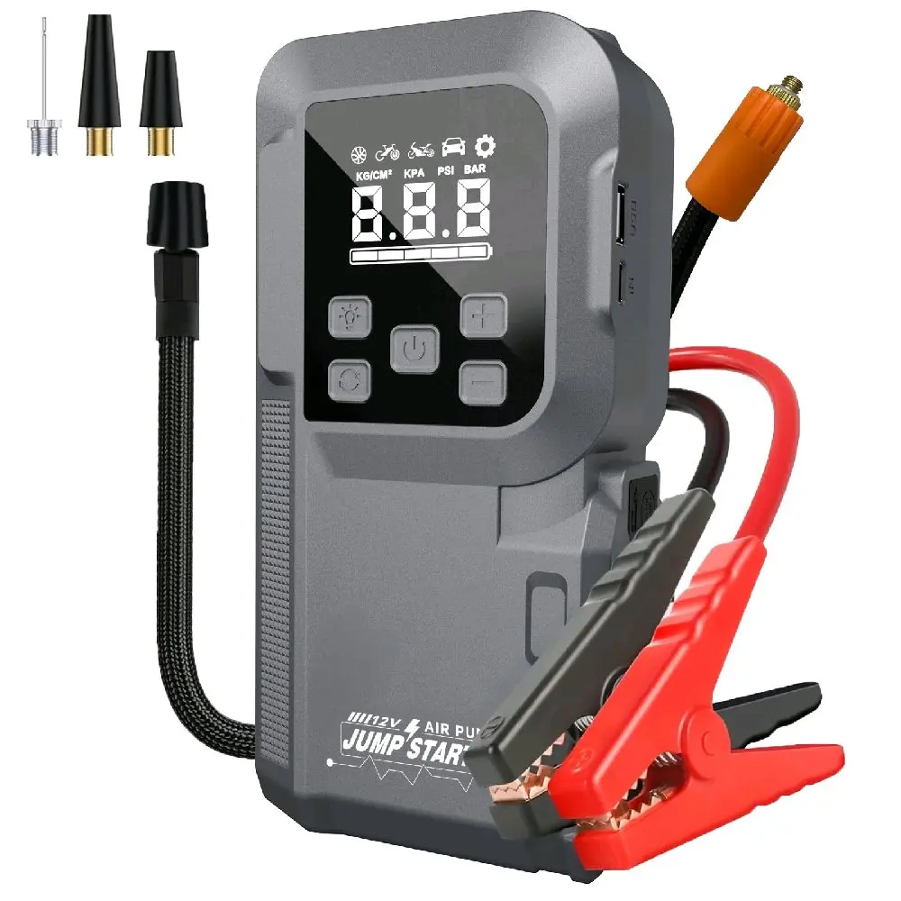 12 V Car 8000 mAh Battery Jump Starter with 150psI Air Compressor, Compact and Practical Edition QB08L Safe Smart, Portable Jump Box and Charger for 6.0L Gas and 3.0L Diesel Engines, led light charging cable included