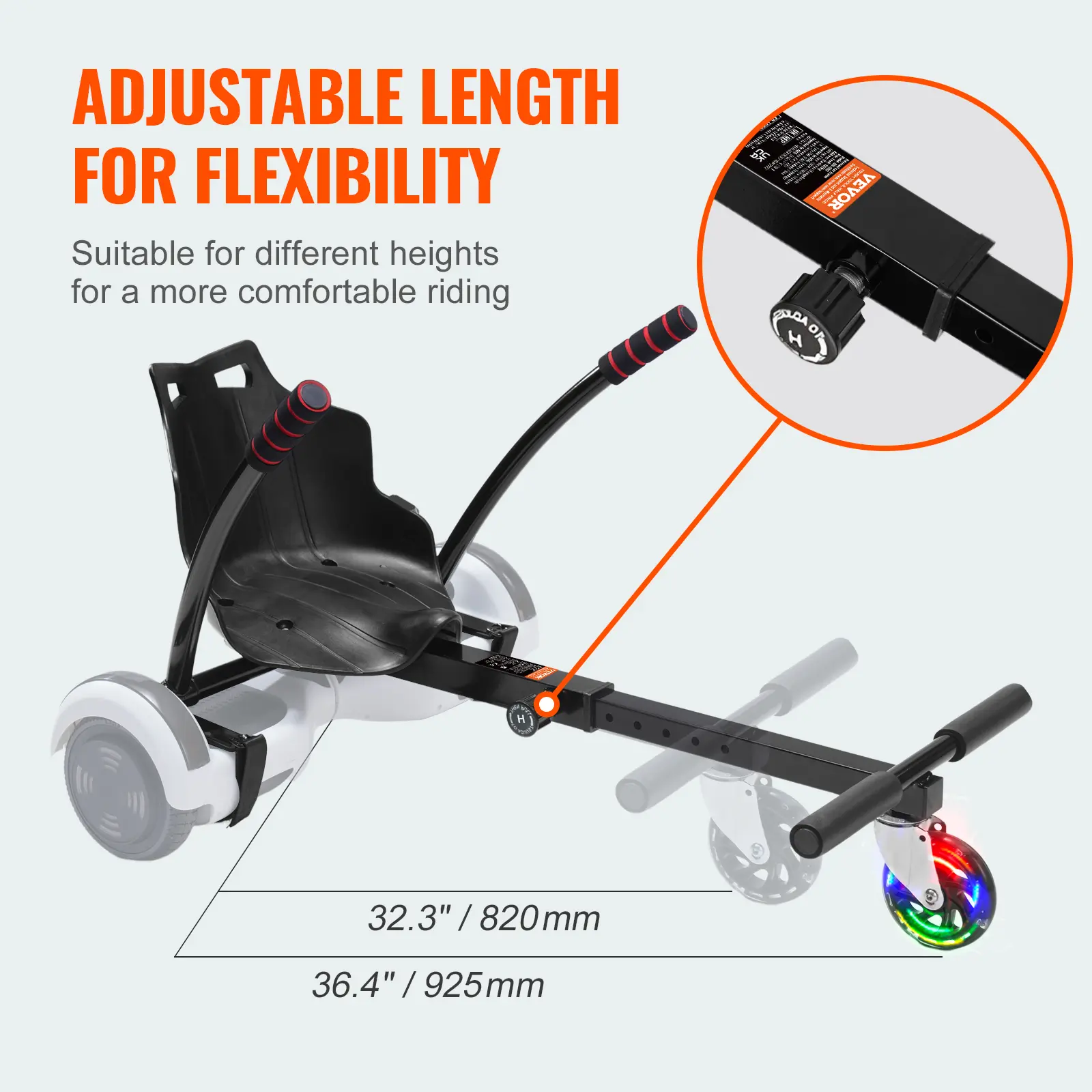 Hoverboard Seat Attachment for 6.5-10 in Hoverboards, Spring New Arrival Tool Kit with LED Lights, Grips Control, Adjustable Frame, 220 lbs Load Capacity, 360° Rotating Front Wheels, Heavy Metal Wrench Set for Kids