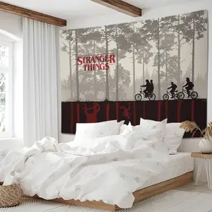 Stranger Things Forest Biker Silhouette Print Tapestry, Tapestry Wall Mural, Retro Grayscale Wall Hanging, Durable Polyester Backdrop for All Seasons, Creating Retro 80s Room Atmosphere, Vintage Room Decor, Lightweight & Easy to Install