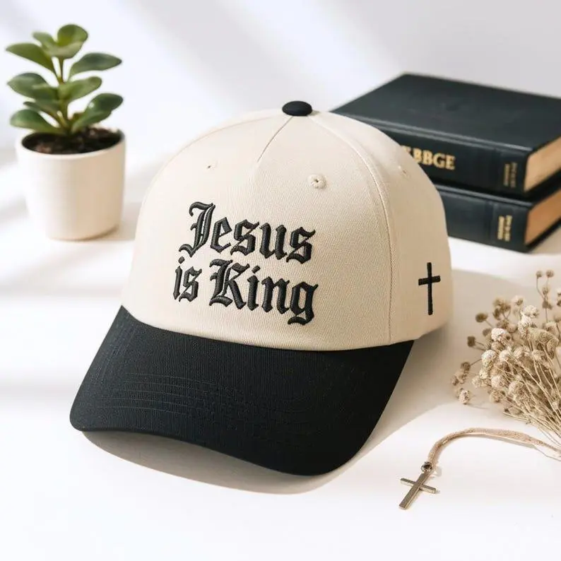 Jesus is King Embroidered Trucker Cap, Christian Embroidery Hat, Faith Apparel Durable Canvas