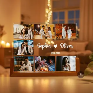 Custom Anniversary Gifts For Her Personalized Couple Photo Frame Night Light U-shaped Wooden Base Customized Gifts for Tabletop Bedroom Valentine's Day Engagement Christmas Decorations Gifts