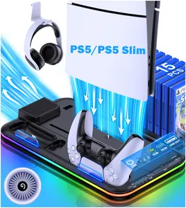 PS5 Slim/PS5 Stand and Cooling Station with Controller Charging Station for PS5 Slim, PS5 Accessories Incl. 3 Levels Cooling Fan, Cool Light, 15 Game Storage, Headset Holder for Playsation 5 Digital/Disc
