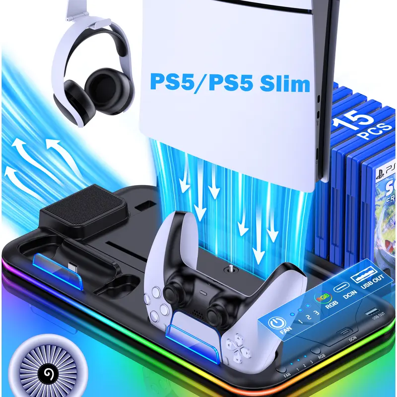 PS5 Slim/PS5 All-in-1 Stand & Cooling Station with Fast-Charging Controller Dock, 3-Level Cooling Fan, LED Lights, 15 Game Storage, Headset Holder, USB Port, Cable Management - Slim Fit for PlayStation 5 Digital/Disc (Black)
