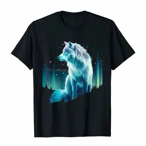Mystical Northern Lights & White Wolf Graphic T-Shirt , Round Neck, Short Sleeve, Unisex Casual Fit, All-Season Comfort, Stretch Fabric, Perfect Gift for Men & Women, Casual Wear Tshirt | Casual Style Tee |  Shirt, Wolf T Shirt
