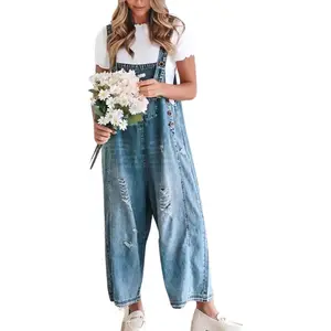 Loveimgs Women's Distressed Wide-Leg Overalls — Loose-Fit Denim Jumpsuit with Adjustable Straps