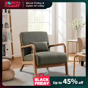 [TikTokShopBlackFriday]EBELLO Green, Modern Accent Chair With Wooden Legs And One Pillow, Easy Assembly, ComfyFabric Living Room Chairs, Lounge Reading Armchair