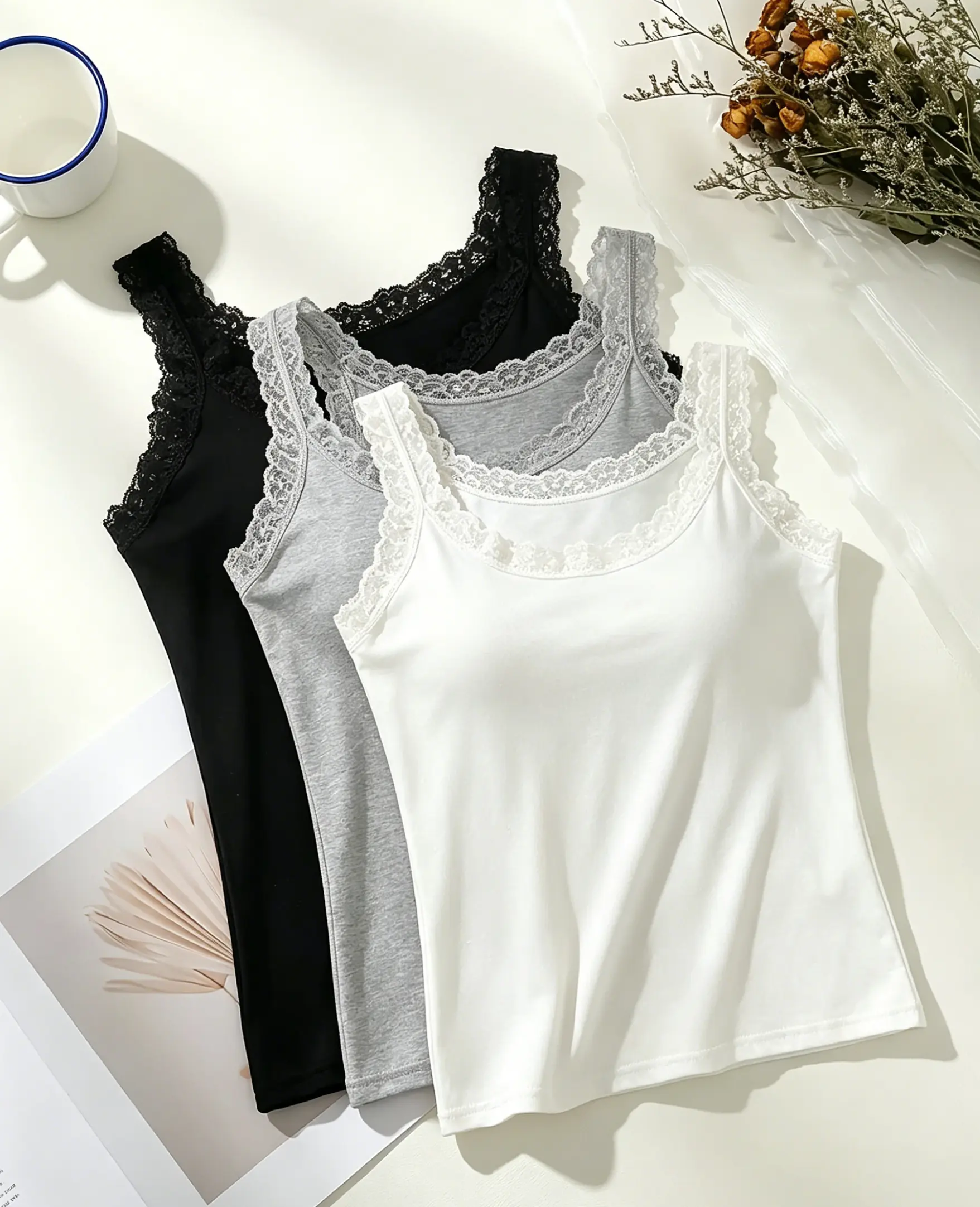 3pcs(black+white+gray) Women's Elegant Lace Trim Camisole Plus Size Tops - Breathable Lace Design Round Neck Tank Tops, Soft Stretchy Fabric, No Padding, Lace Tank Top