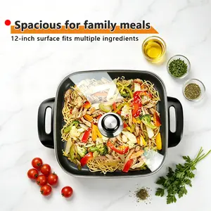 12-Inch 1500W Nonstick Electric Skillet, Adjustable Temperature Portable Kitchen Cookware for Family Meals