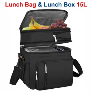 Lunch Bag & Lunch Box for Adults, Double Deck Leakproof Insulated Soft Large Adult Camping Cooler bag for Work, Beach, Picnic, Travel (Black, 15L)