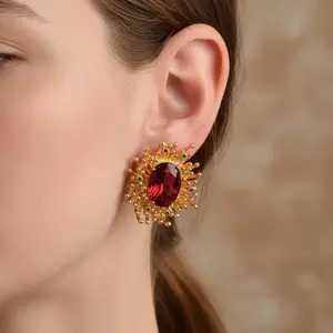Vintage 18K Gold Plated Sunburst Design Big Red/Blue Crystal Stud Earrings Ethnic Style Fashion Jewelry for Women Girls