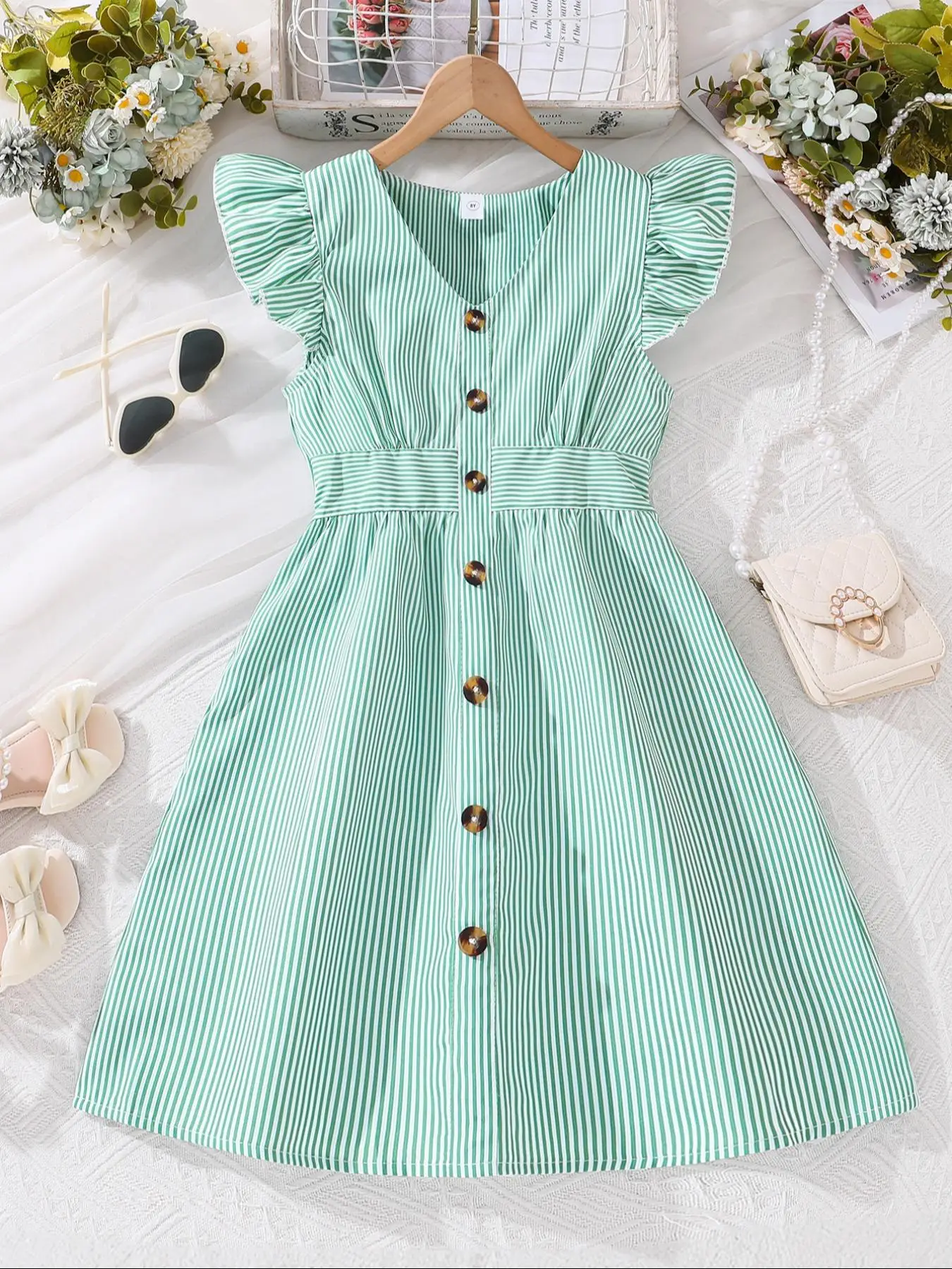 Girl's Solid Striped Print Button Front A Line Dress, Casual Butterfly Cap Sleeve V Neck Knee Length Dress for Summer, Kids Clothes for Daily Wear