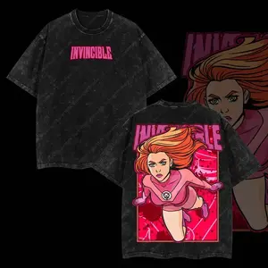SuperStyle Men's Oversized Acid-Washed Lightweight Apparel, Short-Sleeve Seamless Casual Double-Printed Pink Atom Eve Invincible War Comic TV Series Graphic T-Shirt
