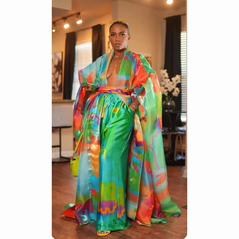 Women's 2-Piece Princess Aesthetic Oversized Satin Dress & Pant Set - Longsleeves, Adjustable High Neck, Light Knit Fabric, Iridescent Watercolor Print, Waist Tie, Photoready Shine, Full-Length, Statement Outfit, 3XL for Birthday Party, Casual Fall Wear