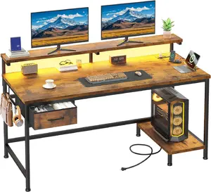 47.2 Inch Office Desk with Power Outlet & Ergonomic Monitor Stand,Gaming Desk with CPU Stand& LED Lights,Computer Desk with Drawer for Home Work,Study Redroom and Gaming,Small Spaces,Rustic Brown