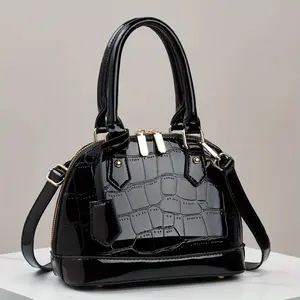 Elegant Glossy Patent Shell-Textured Handbag for Women - Adjustable Shoulder Strap, Zipper Closure, Durable, Minimalist Design for Work & Commuting, Available in 6 Colors (Black/Bright Pink/Teal/Orange/Deep Red), Everyday Purse, Modern Acce