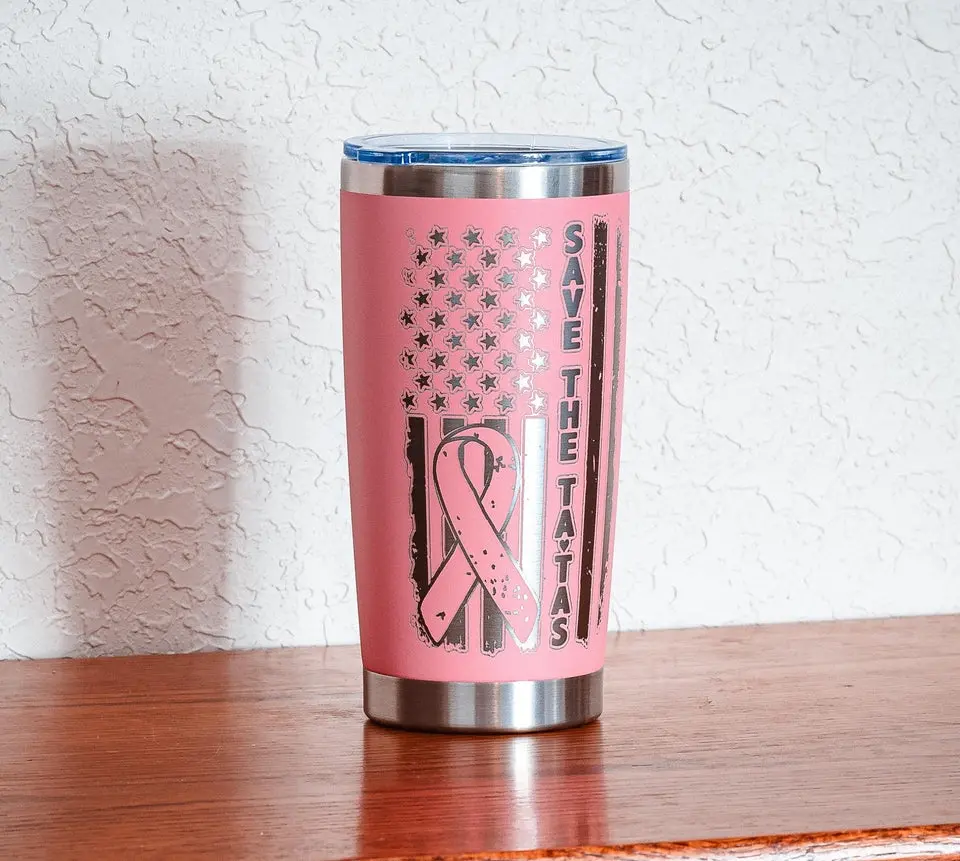Breast Cancer Tumbler - Pink Powder Coated Stainless Steel, 20oz Insulated Travel Cup
