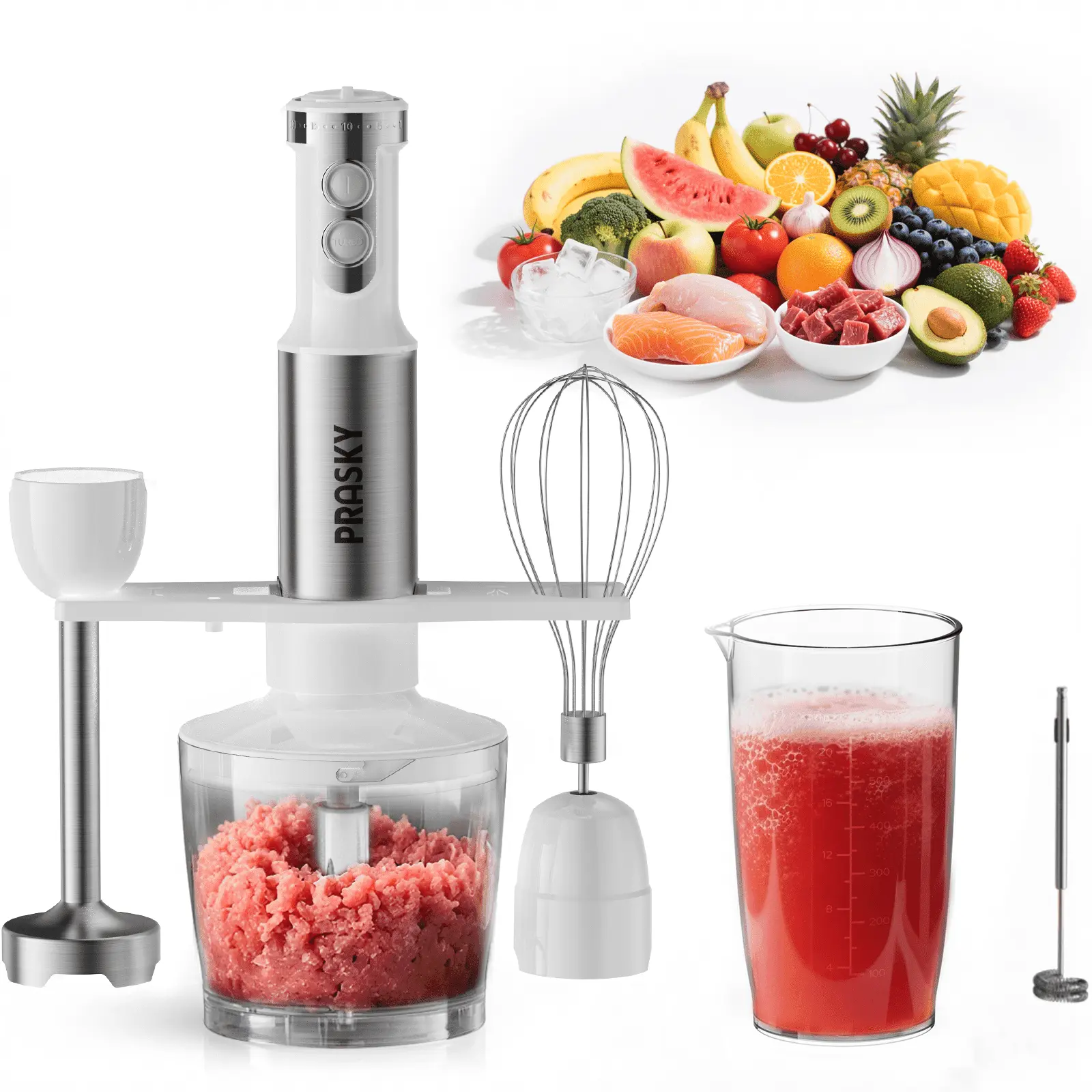 PRASKY Immersion Hand Blender, 6-in-1 Handheld Blender for Kitchen, 20 Speeds Food Processor, Egg Whisk, Milk Frother, Beaker (White)