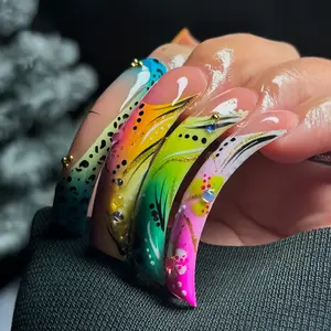 20pcs Y2K Style Curved Nails, Nude Neon Rainbow French Tips, Abstract Waves, Leopard Dots, Gold Glitter, Rhinestones, Party Ready