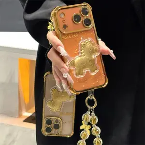 for iPhone 17 16 15 14 13 12 11 Gold foil pony plush toy bracelet with four corners protected against drops and gold plating 995