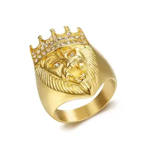 Hip Hop Rhinestones Paved Bling Iced Out Stainless Steel Crown Lion Rings for Men Rapper Jewelry