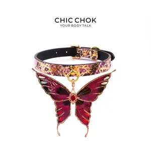 CHIC CHOK Amnesiac Butterfly Choker - Elegant Burgundy Leather with Gold Accents & Large Ornate Butterfly Pendant for Daily Wear