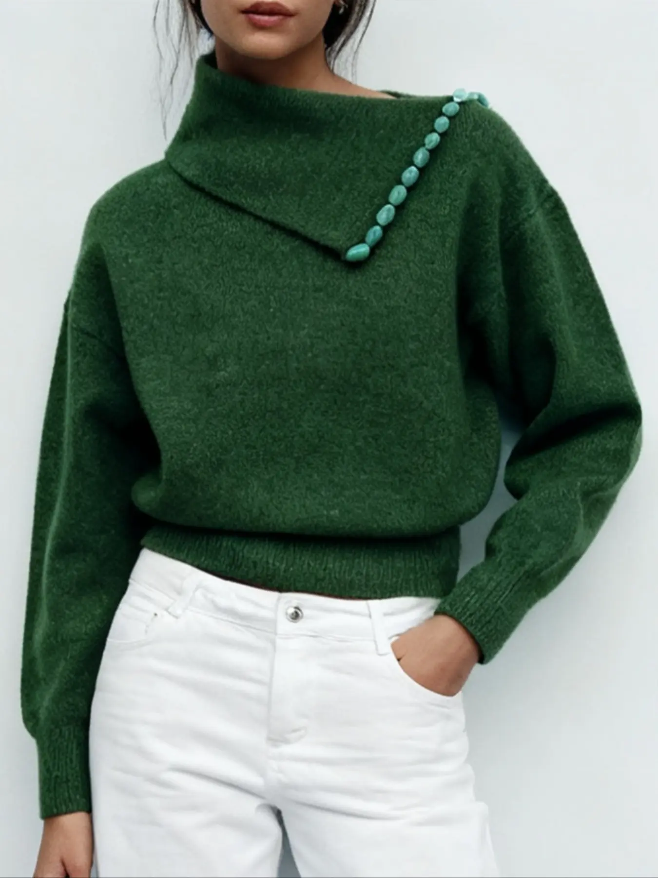 Women's Knitted Pullover Sweater, Emerald Asymmetrical Beaded Decoration, Loose Casual Style, Unique Design, Fashionable Top